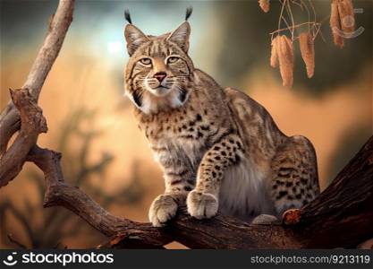 bobcat sitting on the branch of tree, surveying surroundings, created with generative ai. bobcat sitting on the branch of tree, surveying surroundings