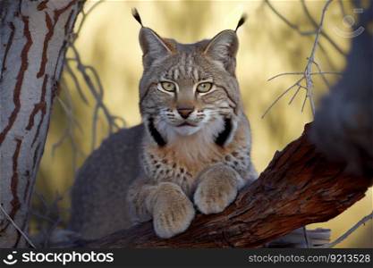 bobcat sitting on tree branch, its eyes peaking, created with generative ai. bobcat sitting on tree branch, its eyes peaking