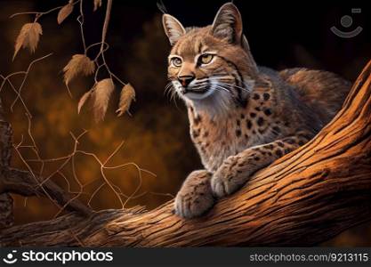 bobcat sitting on tree branch, observing its surroundings, created with generative ai. bobcat sitting on tree branch, observing its surroundings