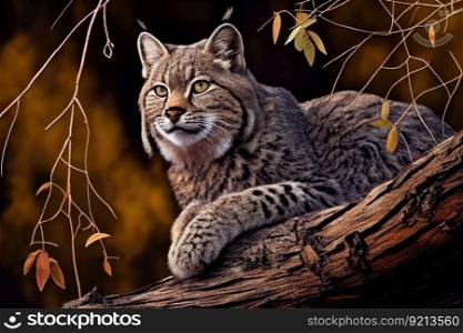 bobcat sitting on tree branch, surveying its surroundings, created with generative ai. bobcat sitting on tree branch, surveying its surroundings
