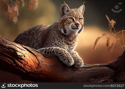 bobcat sitting on tree branch, surveying its territory, created with generative ai. bobcat sitting on tree branch, surveying its territory