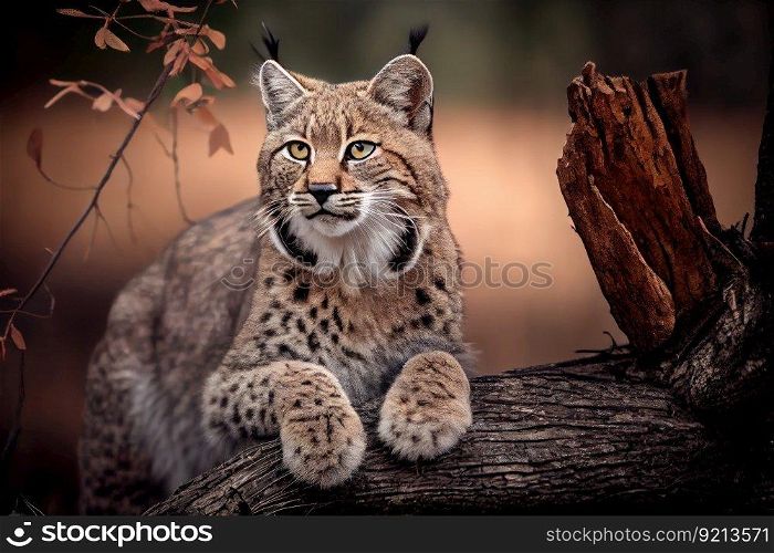 bobcat sitting on tree branch, surveying its territory, created with generative ai. bobcat sitting on tree branch, surveying its territory