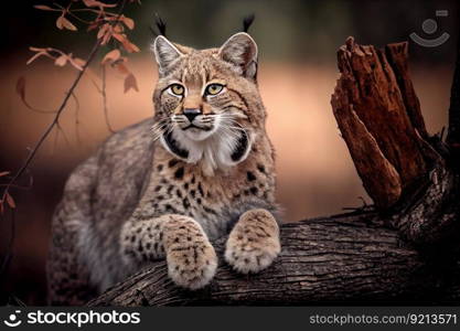 bobcat sitting on tree branch, surveying its territory, created with generative ai. bobcat sitting on tree branch, surveying its territory