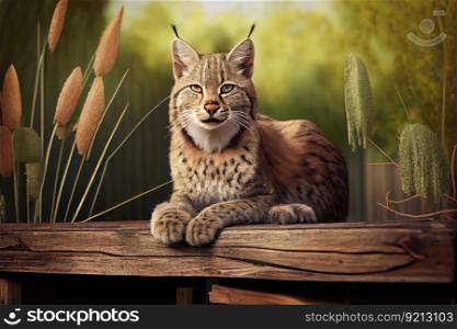 bobcat sitting on wooden deck, surrounded by greenery, created with generative ai. bobcat sitting on wooden deck, surrounded by greenery