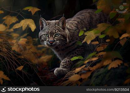 bobcat stalking prey in dense forest, created with generative ai. bobcat stalking prey in dense forest