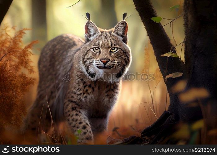 bobcat stalking prey in the forest, created with generative ai. bobcat stalking prey in the forest