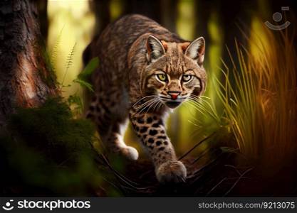 bobcat stalking prey in the forest, created with generative ai. bobcat stalking prey in the forest