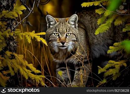 bobcat stalking through forest, eyes fixed on its prey, created with generative ai. bobcat stalking through forest, eyes fixed on its prey