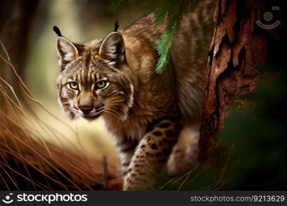 bobcat stalking through the forest, its eyes keenly focused on its prey, created with generative ai. bobcat stalking through the forest, its eyes keenly focused on its prey