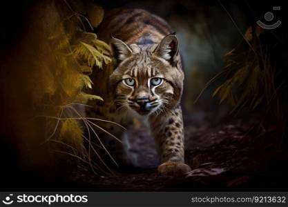 bobcat stalking through the forest, its eyes keenly focused on its prey, created with generative ai. bobcat stalking through the forest, its eyes keenly focused on its prey