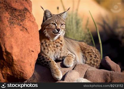 bobcat sunning itself on a warm rock, created with generative ai. bobcat sunning itself on a warm rock
