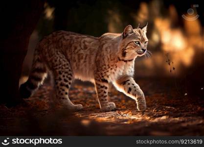 bobcat walking along the forest floor, its coat shining in the sunlight, created with generative ai. bobcat walking along the forest floor, its coat shining in the sunlight