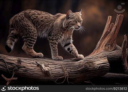 bobcat walking over fallen tree trunk, created with generative ai. bobcat walking over fallen tree trunk