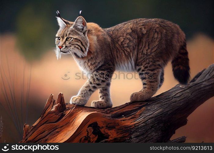 bobcat walking over fallen tree trunk, created with generative ai. bobcat walking over fallen tree trunk