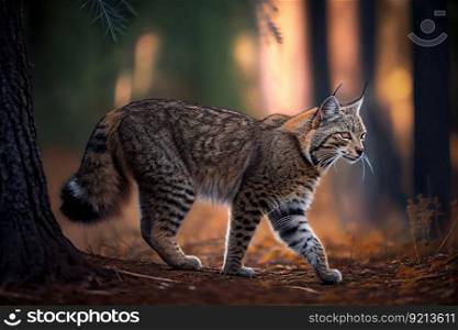bobcat walking through forest, with its tail swaying, created with generative ai. bobcat walking through forest, with its tail swaying
