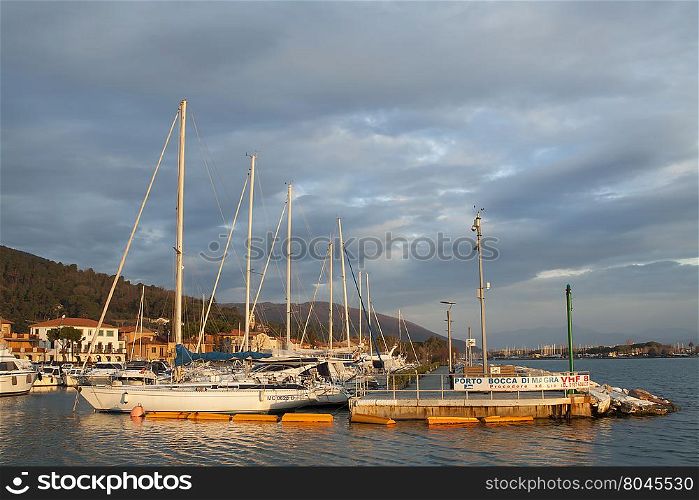 Bocca di Magra port. View of a small harbor with boats moored