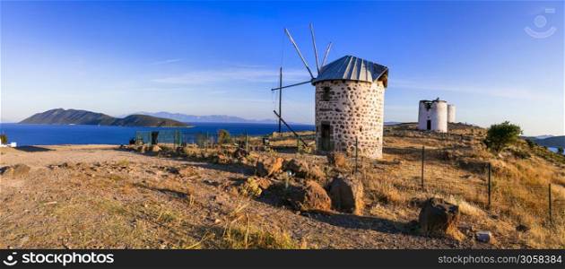 Bodrum - popular tourist coastal town in Turkey. old winTraditional old windmills.