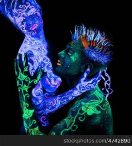 Body art glowing in ultraviolet light, four elements, Land Loves Air