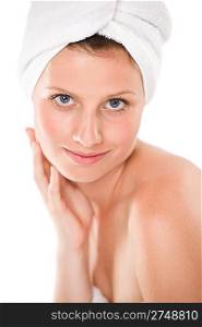 Body care - beautiful woman with towel on white background