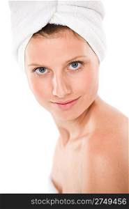 Body care - beautiful woman with towel on white background