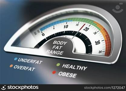 Body fat range calculator with the words underfat, healthy, overfat and obese. 3D illustration.. Body Fat Range