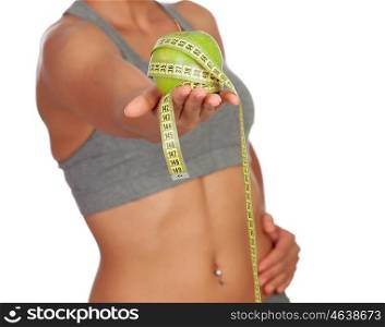 Body girl taking an apple with a measuring tape isolated on a white background