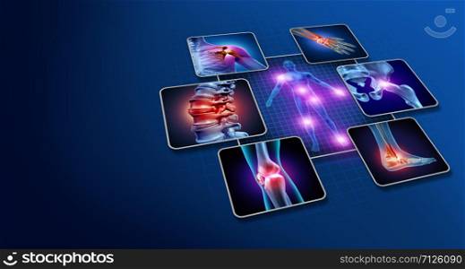 Body joint pain concept as human skeleton and muscle anatomy of the body with a group of sore joints as a painful injury or arthritis illness symbol for health care and medical symptoms with 3D illustration elements.