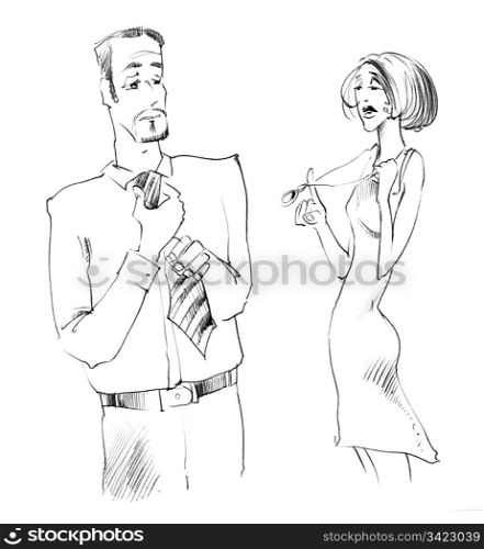 Body language: man improving the tie and woman playing with necklace