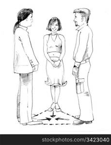 Body language: woman and two men talking