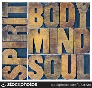 body, mind, soul and spirit word abstract - a collage of isolated text in vintage grunge wood letterpress printing blocks