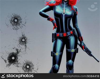 Body of an attractive curvy woman in a black body suit holding an assault rifle and bullet holes in the background, copyspace, made with generative AI