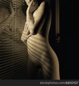 body of the nude woman near a window at night