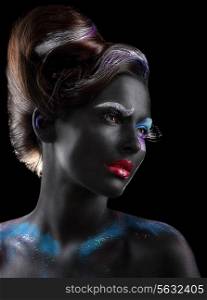 Body-painting. Fantasy. Woman with Fantastic Stagy Makeup over Black