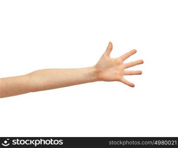 body part, childhood and people concept - child hand over white background. child hand over white background