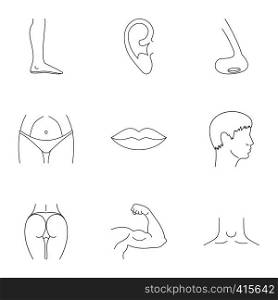 Body parts icons set. Outline illustration of 9 body parts vector icons for web. Body parts icons set, outline style