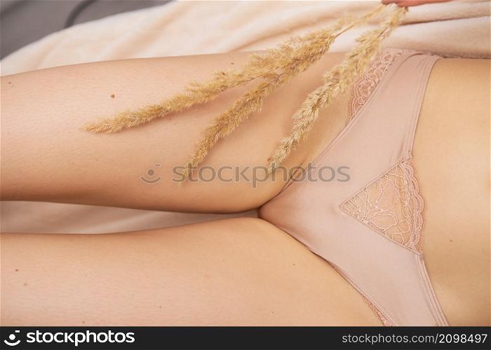 Body parts of a girl&rsquo;s belly, legs in beige underwear concept of laser hair removal, laser hair removal. Body parts of a girl&rsquo;s belly, legs in beige underwear concept of laser hair removal, laser hair removal.