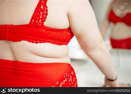 body parts of an overweight woman in beautiful red underwear . selective focusing with a small focus area.. body parts of an overweight woman in beautiful red underwear . selective focusing with a small focus area