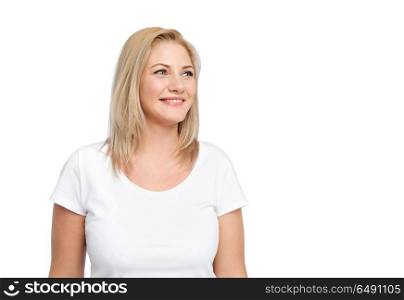 body positive and people concept - happy woman in white t-shirt. happy woman in white t-shirt. happy woman in white t-shirt