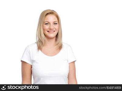 body positive and people concept - happy woman in white t-shirt. happy woman in white t-shirt. happy woman in white t-shirt