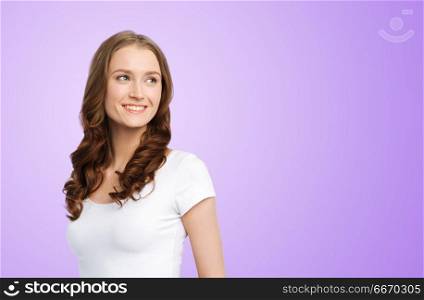 body positive and people concept - happy woman in white t-shirt over ultra violet background. happy woman in white t-shirt. happy woman in white t-shirt