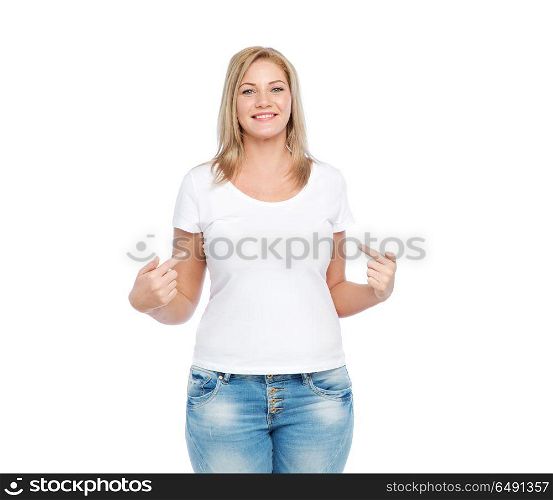 body positive, plus size and people concept - happy woman in white t-shirt pointing fingers to herself. woman in white t-shirt pointing fingers to herself. woman in white t-shirt pointing fingers to herself