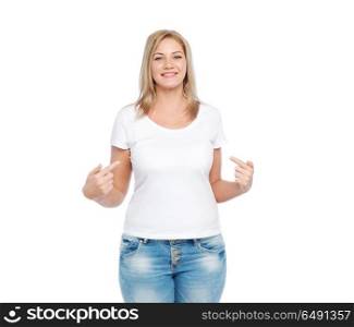 body positive, plus size and people concept - happy woman in white t-shirt pointing fingers to herself. woman in white t-shirt pointing fingers to herself. woman in white t-shirt pointing fingers to herself