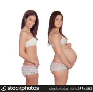 Body woman before and after of the pregnancy isolated on a white background