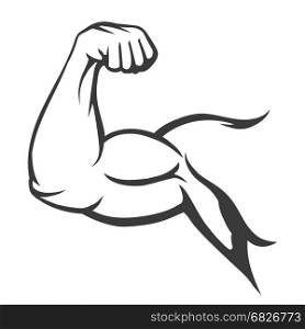 Bodybuilder muscle flex arm. Bodybuilder muscle flex arm vector illustration. Strong macho biceps gym flexing hand vector icon isolated on white background