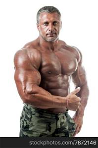 bodybuilder posing. Handsome power athletic guy male. Fitness muscular body. Isolated on white background