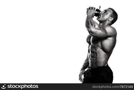 bodybuilder posing. Handsome power athletic guy male. Fitness muscular body. Isolated on white background