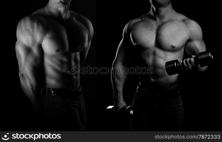 bodybuilder posing. Handsome power athletic guy male. Fitness muscular body on black background. Black and white photo