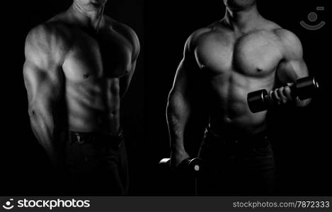 bodybuilder posing. Handsome power athletic guy male. Fitness muscular body on black background. Black and white photo