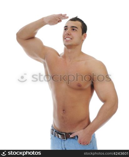 Bodybuilder showing his muscles. Isolated on a white background