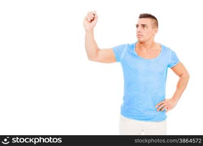 Bodybuilder with pen in his hands over white isolated background
